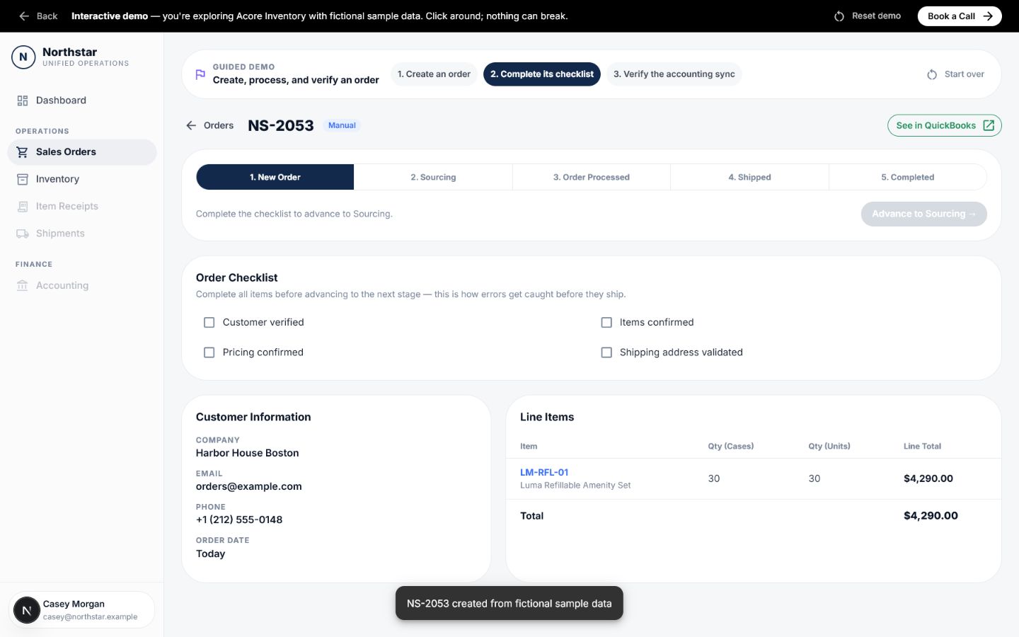 Order detail with stage pipeline, checklist, and See in QuickBooks button